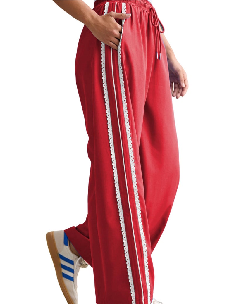 Yeokou Women's Wide Leg Sweatpants Side Stripe Crochet Slip on Drawstring Casual Running Track Palazzo Pants with Pockets (Red-S) - Image 2