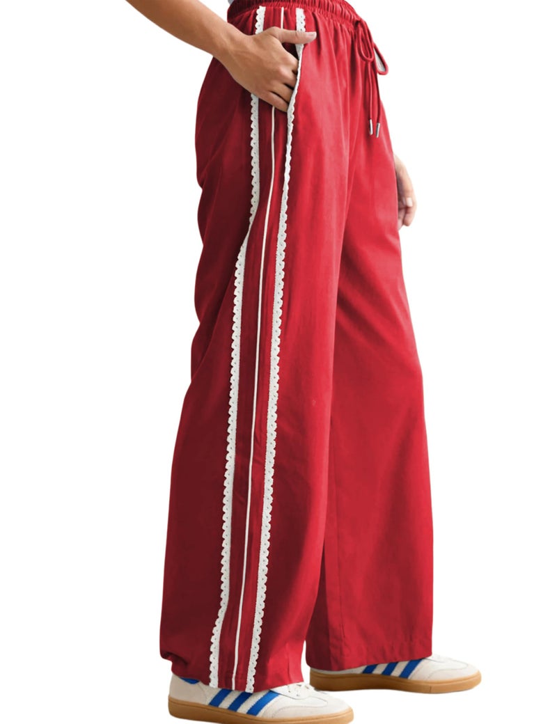 Yeokou Women's Wide Leg Sweatpants Side Stripe Crochet Slip on Drawstring Casual Running Track Palazzo Pants with Pockets (Red-S) - Image 1