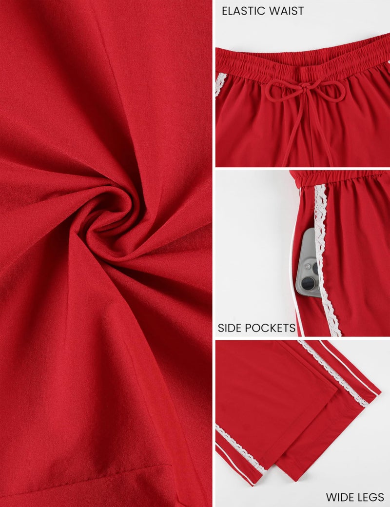 Yeokou Women's Wide Leg Sweatpants Side Stripe Crochet Slip on Drawstring Casual Running Track Palazzo Pants with Pockets (Red-S) - Image 5