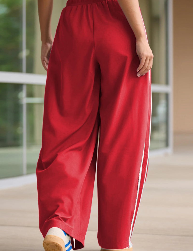 Yeokou Women's Wide Leg Sweatpants Side Stripe Crochet Slip on Drawstring Casual Running Track Palazzo Pants with Pockets (Red-S) - Image 4