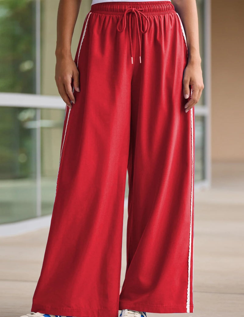 Yeokou Women's Wide Leg Sweatpants Side Stripe Crochet Slip on Drawstring Casual Running Track Palazzo Pants with Pockets (Red-S) - Image 3