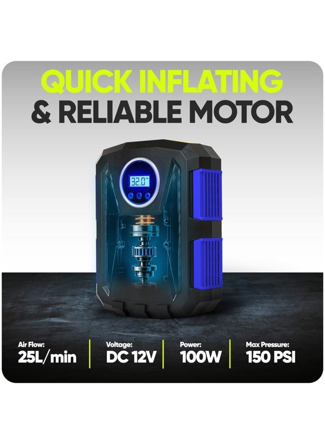 FORTEM Tire Inflator Portable Air Compressor 150 PSI, Bike Pump, 12V Electric Air Pump for Car Tires and Bicycles w/LED Light, Digital Tire Pressure Gauge w/Auto Pump/Shut Off, Carrying Case (Blue) - Image 5