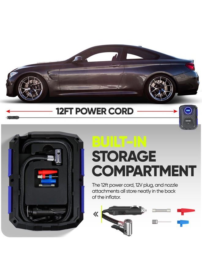 FORTEM Tire Inflator Portable Air Compressor 150 PSI, Bike Pump, 12V Electric Air Pump for Car Tires and Bicycles w/LED Light, Digital Tire Pressure Gauge w/Auto Pump/Shut Off, Carrying Case (Blue) - Image 3