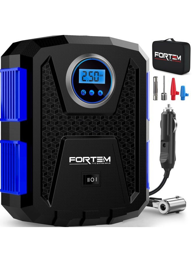 FORTEM Tire Inflator Portable Air Compressor 150 PSI, Bike Pump, 12V Electric Air Pump for Car Tires and Bicycles w/LED Light, Digital Tire Pressure Gauge w/Auto Pump/Shut Off, Carrying Case (Blue) - Image 1