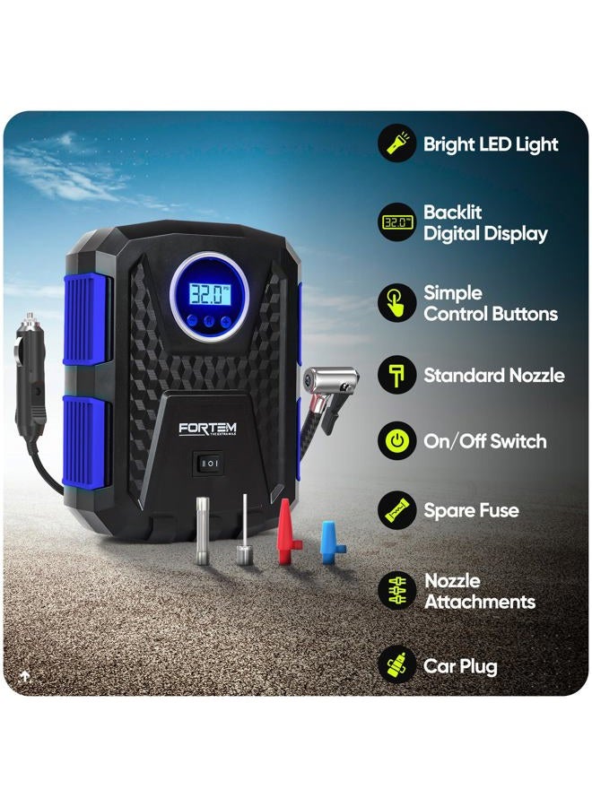 FORTEM Tire Inflator Portable Air Compressor 150 PSI, Bike Pump, 12V Electric Air Pump for Car Tires and Bicycles w/LED Light, Digital Tire Pressure Gauge w/Auto Pump/Shut Off, Carrying Case (Blue) - Image 2