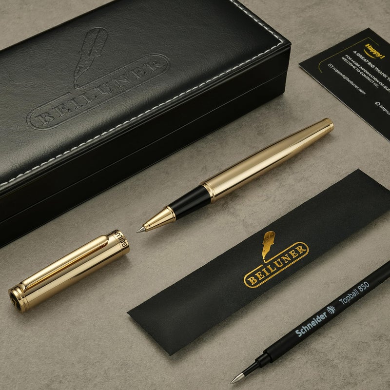 BEILUNER Luxury Gold Rollerball Pen, Stunning Pens with 24K Gold Finish, Noble and Elegant Designs,Schneider Ink Refill, Fancy Gift Set for Men & Women, Executive Writing, Office, Nice Graduation Gift - Image 2