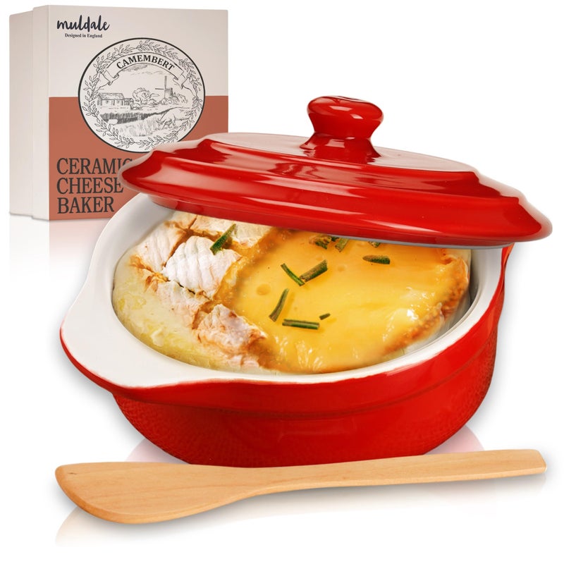 Muldale Camembert Baking Dish  Camembert Cheese Baker in Red  Lead Free Brie Baking Dish with Lid  Baker Casserole  14cm  With Spreader and Box