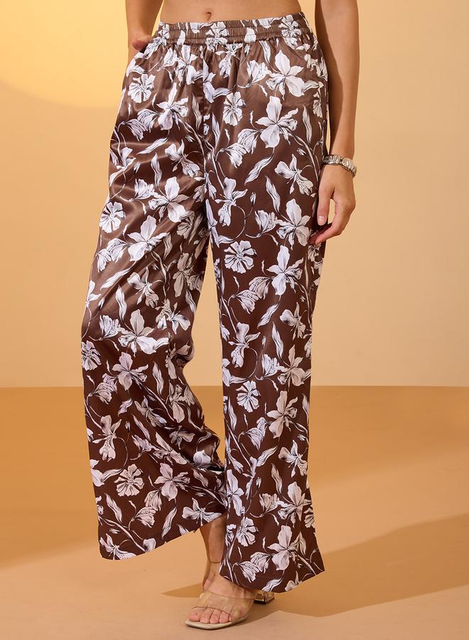 جلو باص بنطال ساتان بأرجل واسعة وطبعة زهور - Image 4