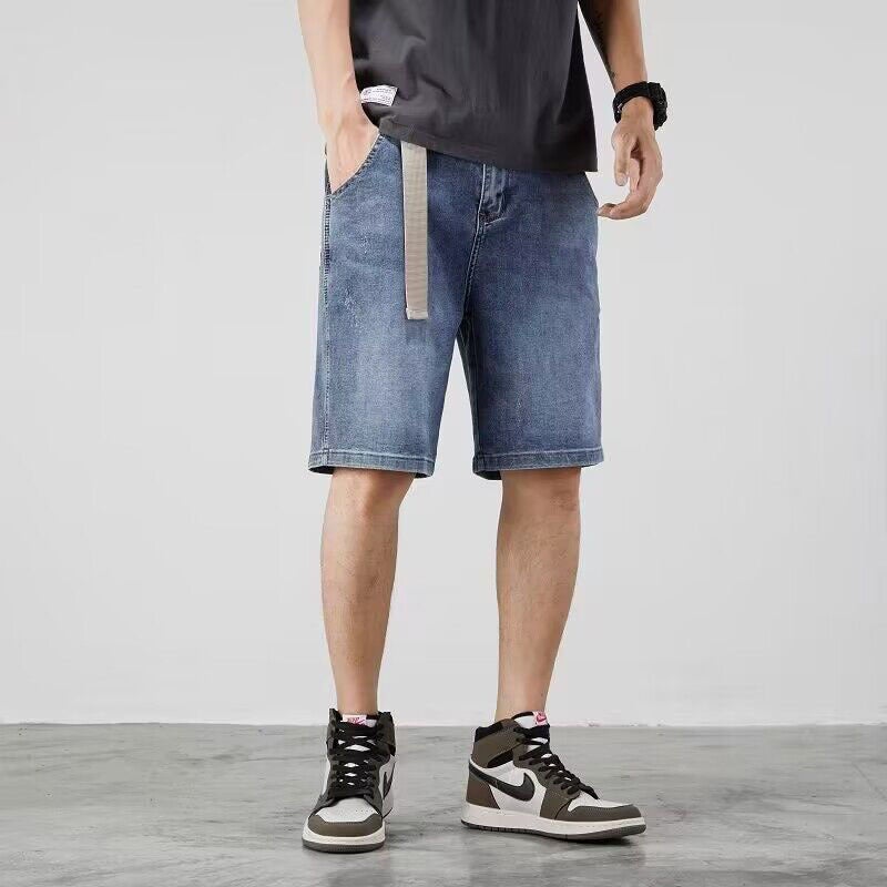 Denim Shorts Mens Summer American Style Retro Pants Loose Trendy Brand Straight Pants Blue 