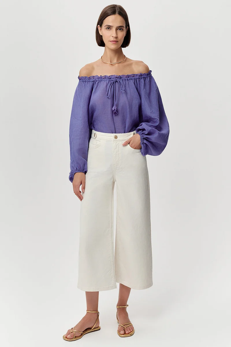 Exquise High-Waisted Pocketed Regular Denim White Trousers