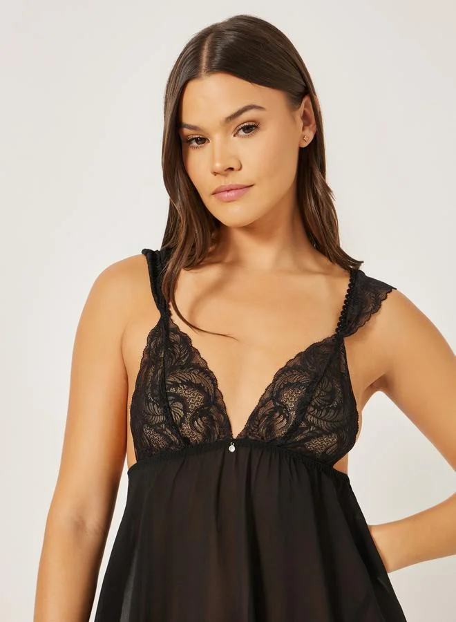 Styli Styli Low Back Lace Cup Mesh Babydoll and Thong
