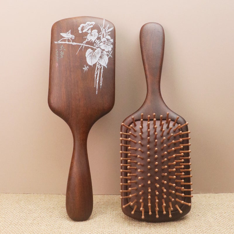 مشط تدليك الرأس من خشب الصندل مع وسادة هوائية هدية في صندوق هدايا مشط هوائي رقيق مشط تصفيف الشعر من الخشب الصلب مشط هوائي ضيق لوتس - Image 4