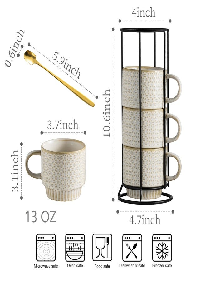 LYEOBOH Stackable Coffee Mugs, Coffee Cups, Mug Set of 4 with Spoons - 13 Oz Coffee Cup Set with Stand, Ceramic Coffee Mug - Farmhouse Kitchen, Beige - Image 2