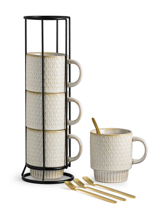LYEOBOH Stackable Coffee Mugs, Coffee Cups, Mug Set of 4 with Spoons - 13 Oz Coffee Cup Set with Stand, Ceramic Coffee Mug - Farmhouse Kitchen, Beige - Image 1