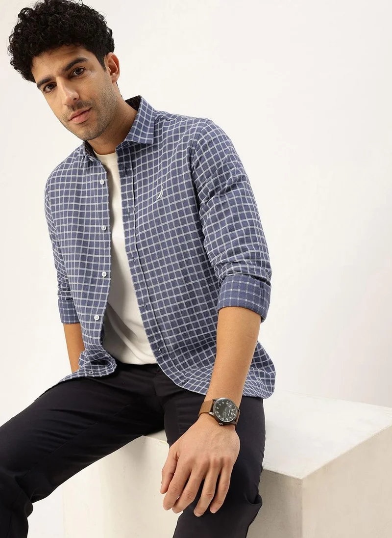 نوتيكا Men Navy Blue Windowpane Cotton Casual Shirt