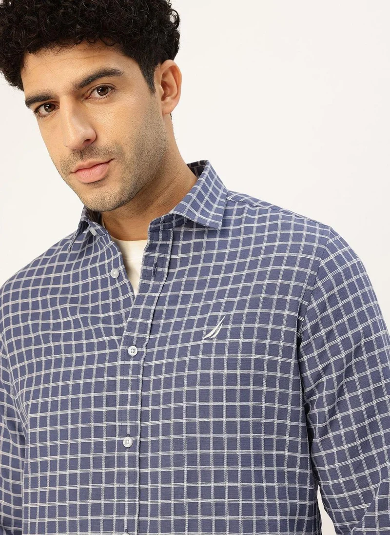نوتيكا Men Navy Blue Windowpane Cotton Casual Shirt