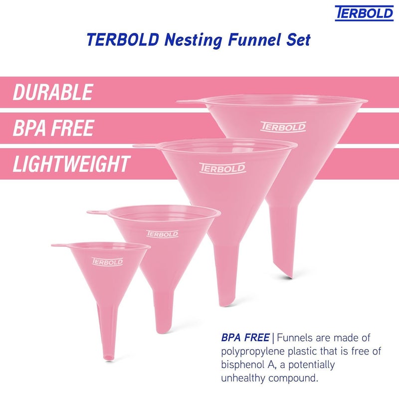 Terbold 4pc Funnel Nesting Set in BPA Free Plastic for Kitchen Cooking, Car Oil, Home, or Lab Use (Pink) - Image 4