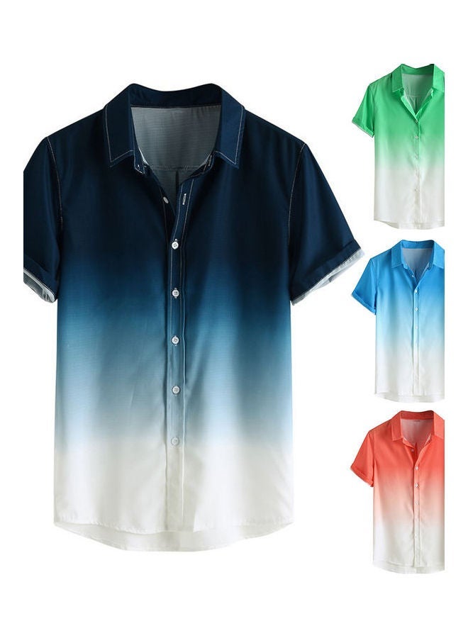 NIBEMINENT Stylish Men Short Sleeve Turn Down Collar Gradient Color Print Buttons Shirt Green  - Image 2