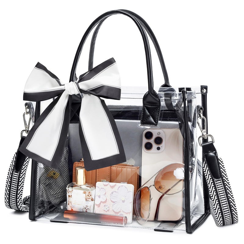 ASKSKY Clear Tote Bag Stadium Events Transparent Clear Purse for Women Thick PVC Plastic Shoulder Bag with Guitar Strap for Sport, Concert, Beach, Black - Image 1