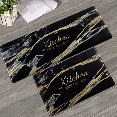 Carvapet 2 Pieces Comfort Anti-Fatigue Kitchen Rugs Standing Desk Mat Waterproof Decorative Ergonomic Floor Pad Kitchen Rug Black&Golden Marble Design 17"x47"+17"x28" - Image 1
