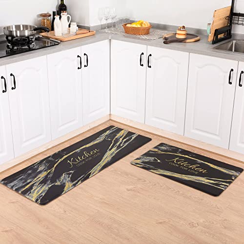 Carvapet 2 Pieces Comfort Anti-Fatigue Kitchen Rugs Standing Desk Mat Waterproof Decorative Ergonomic Floor Pad Kitchen Rug Black&Golden Marble Design 17"x47"+17"x28" - Image 2