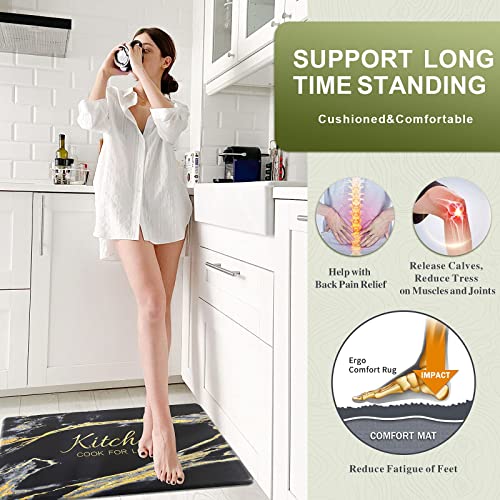 Carvapet 2 Pieces Comfort Anti-Fatigue Kitchen Rugs Standing Desk Mat Waterproof Decorative Ergonomic Floor Pad Kitchen Rug Black&Golden Marble Design 17"x47"+17"x28" - Image 4