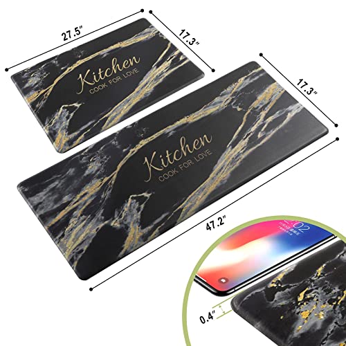 Carvapet 2 Pieces Comfort Anti-Fatigue Kitchen Rugs Standing Desk Mat Waterproof Decorative Ergonomic Floor Pad Kitchen Rug Black&Golden Marble Design 17"x47"+17"x28" - Image 3