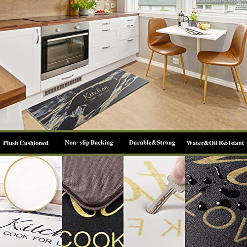Carvapet 2 Pieces Comfort Anti-Fatigue Kitchen Rugs Standing Desk Mat Waterproof Decorative Ergonomic Floor Pad Kitchen Rug Black&Golden Marble Design 17"x47"+17"x28" - Image 5