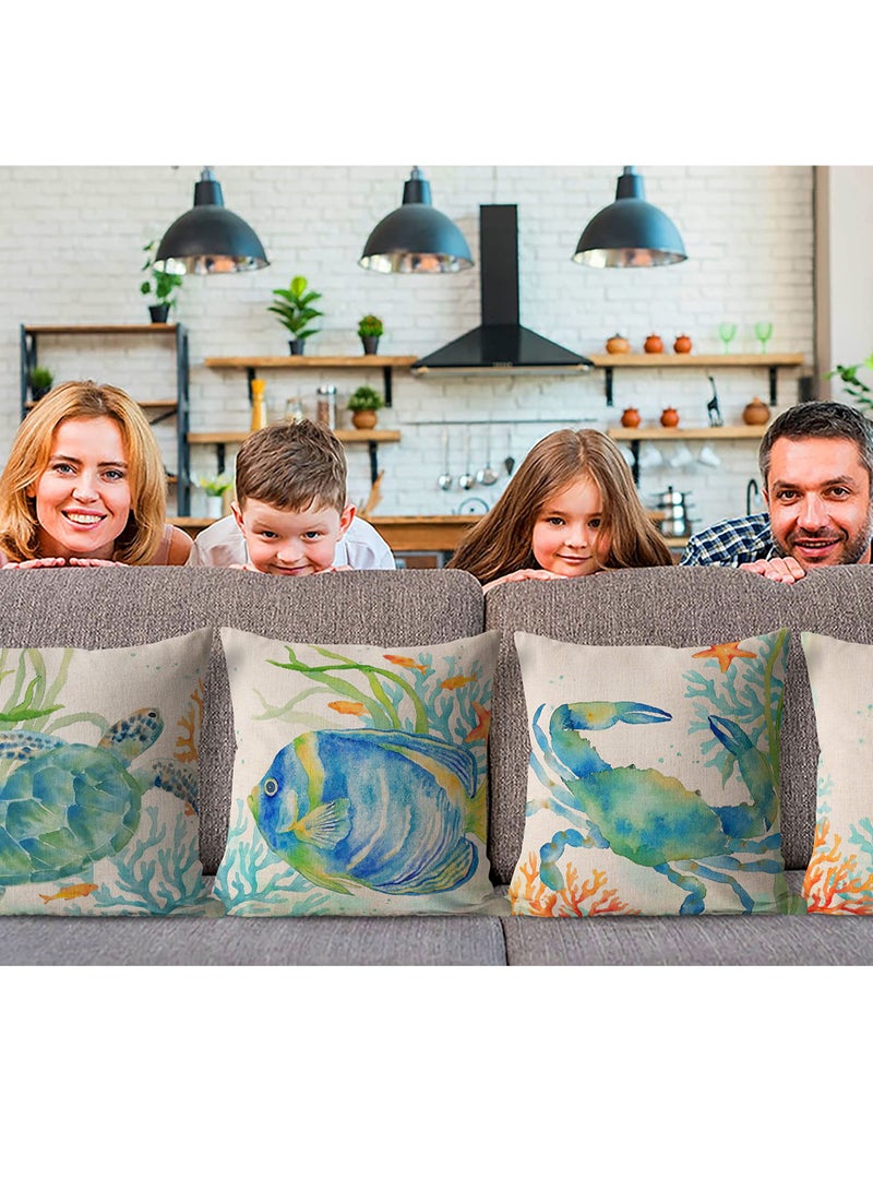 Excefore Coastal Throw Pillow Covers, Set of 4, 18x18 Inch Ocean Beach Pillows Cover with Sea Turtle, Seahorse, Fish, Crab Designs, Summer Theme Decor for Patio, Couch, Sofa - Image 3