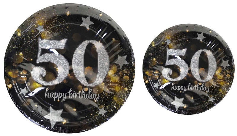 Oojami Serves 30 Complete Party Pack Happy 50th Birthday 9" Dinner Paper Plates 7" Dessert Paper Plates 12 oz Cups 3 Ply Napkins 50th Birthday Party Theme - Image 2