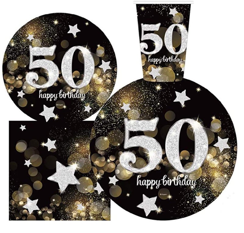 Oojami Serves 30 Complete Party Pack Happy 50th Birthday 9" Dinner Paper Plates 7" Dessert Paper Plates 12 oz Cups 3 Ply Napkins 50th Birthday Party Theme - Image 5