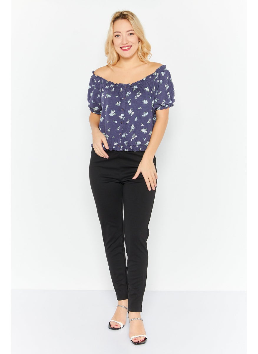 LUCKY BRAND - Women Off Shoulder Neck Short Sleeve Floral Print Top, Navy Combo - Image 1