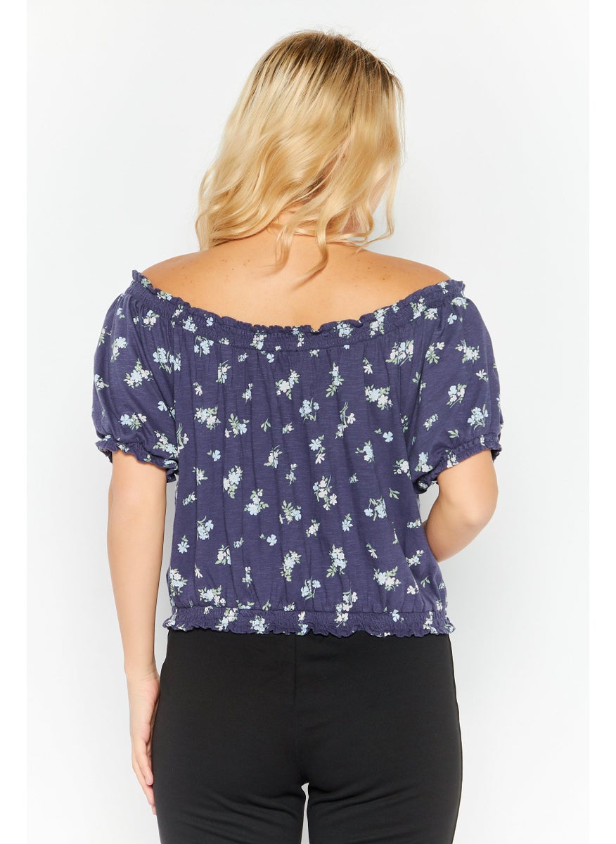 LUCKY BRAND - Women Off Shoulder Neck Short Sleeve Floral Print Top, Navy Combo - Image 1