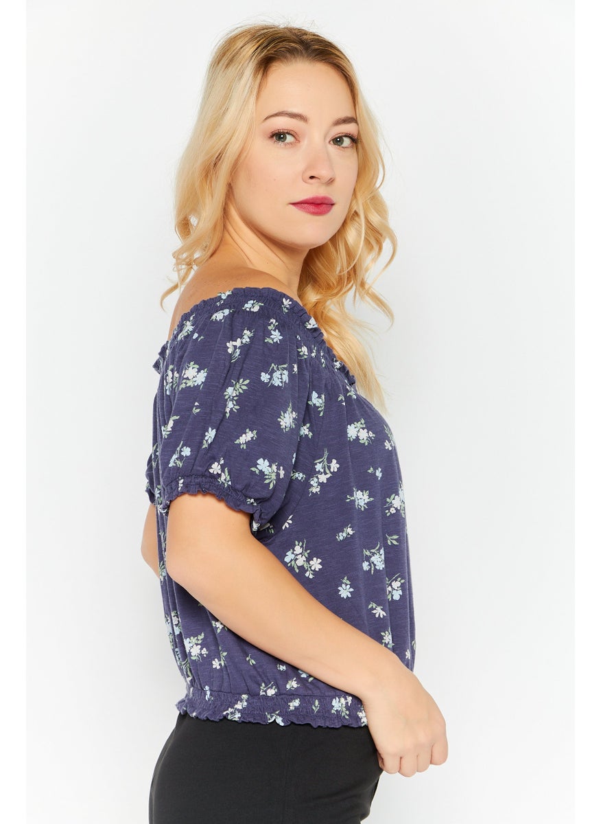 LUCKY BRAND - Women Off Shoulder Neck Short Sleeve Floral Print Top, Navy Combo - Image 1