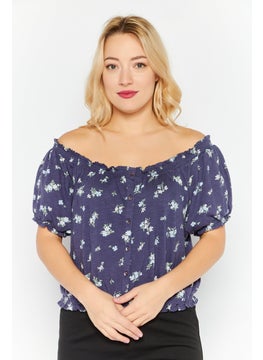 Women Off Shoulder Neck Short Sleeve Floral Print Top, Navy Combo