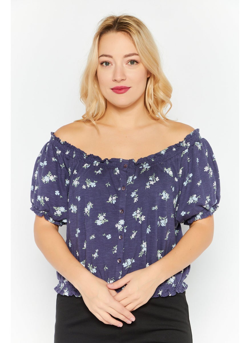 LUCKY BRAND - Women Off Shoulder Neck Short Sleeve Floral Print Top, Navy Combo - Image 1