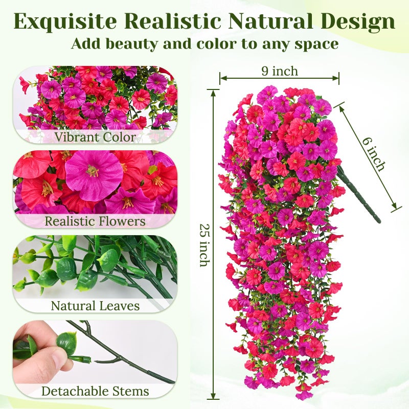 Dolicer 2 Packs Look Real Artificial Flowers for Outdoors, Fake Artificial Hanging Flowers for Outdoors Realistic UV Resistant Faux Hanging Flowers Silk Petunia for Porch Patio (Fuchsia+Rose Red) - Image 4
