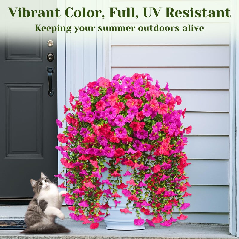 Dolicer 2 Packs Look Real Artificial Flowers for Outdoors, Fake Artificial Hanging Flowers for Outdoors Realistic UV Resistant Faux Hanging Flowers Silk Petunia for Porch Patio (Fuchsia+Rose Red) - Image 3