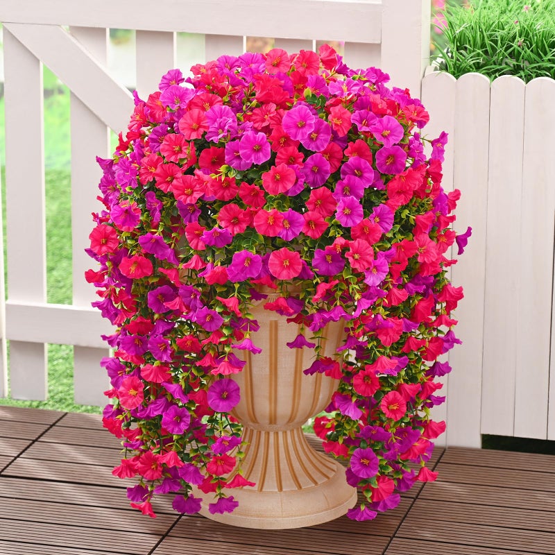 Dolicer 2 Packs Look Real Artificial Flowers for Outdoors, Fake Artificial Hanging Flowers for Outdoors Realistic UV Resistant Faux Hanging Flowers Silk Petunia for Porch Patio (Fuchsia+Rose Red) - Image 1