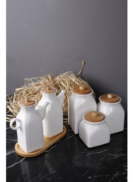 6 Piece Set of 2 Oil Pots and 3 Tea Sugar Salt Jars with Wooden Stand Dowry Set