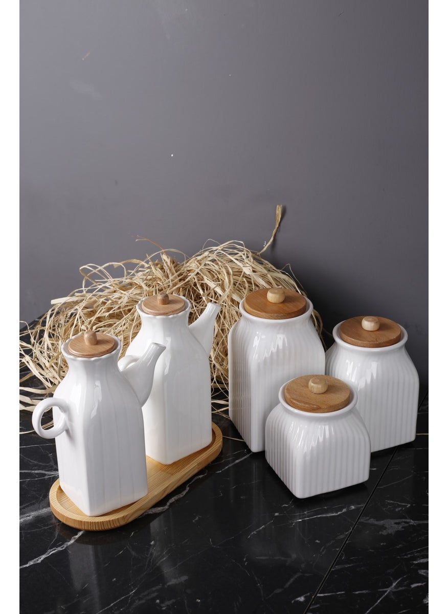Kitchen Pembelia 6 Piece Set of 2 Oil Pots and 3 Tea Sugar Salt Jars with Wooden Stand Dowry Set  - Image 1
