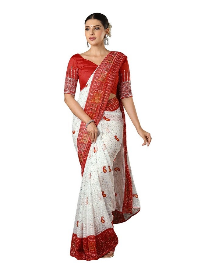 SIRIL Women's Georgette Zari Stripe Printed Bandhani Saree with Unstitched Blouse Piece (4358S274_Red & White) - Image 1
