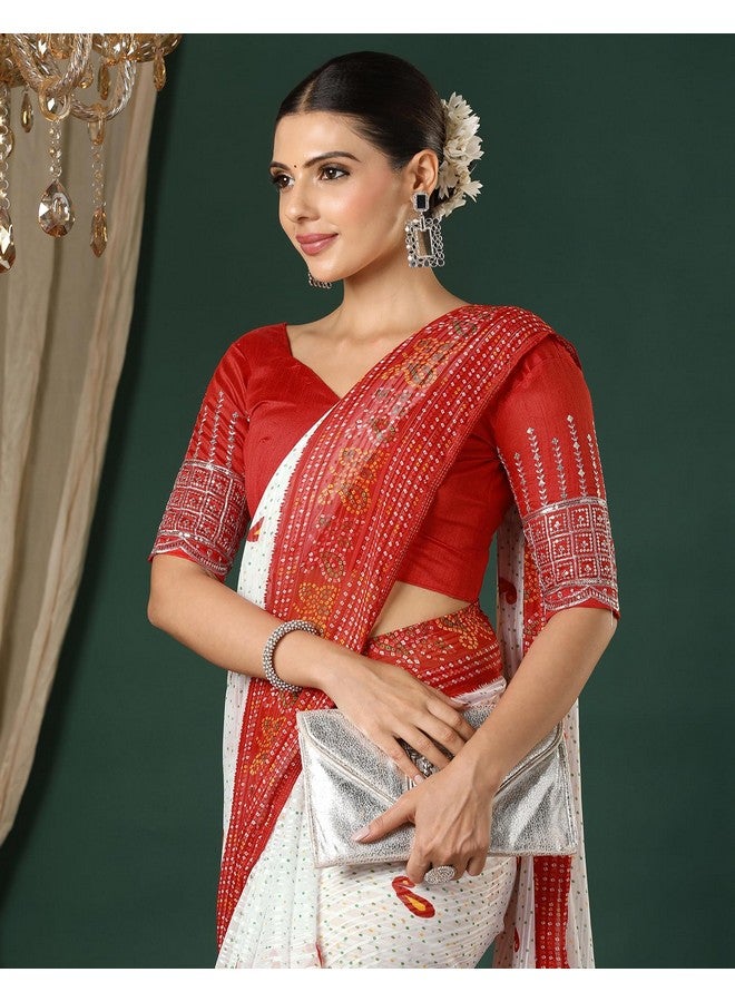 SIRIL Women's Georgette Zari Stripe Printed Bandhani Saree with Unstitched Blouse Piece (4358S274_Red & White) - Image 5