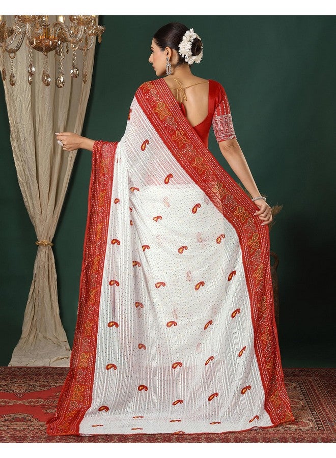 SIRIL Women's Georgette Zari Stripe Printed Bandhani Saree with Unstitched Blouse Piece (4358S274_Red & White) - Image 3