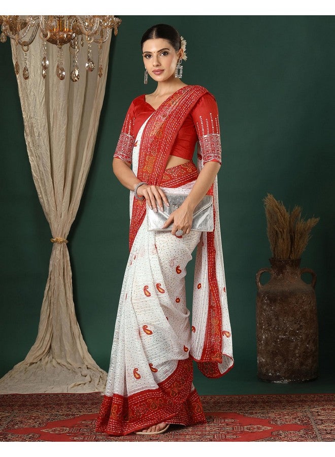 SIRIL Women's Georgette Zari Stripe Printed Bandhani Saree with Unstitched Blouse Piece (4358S274_Red & White) - Image 2