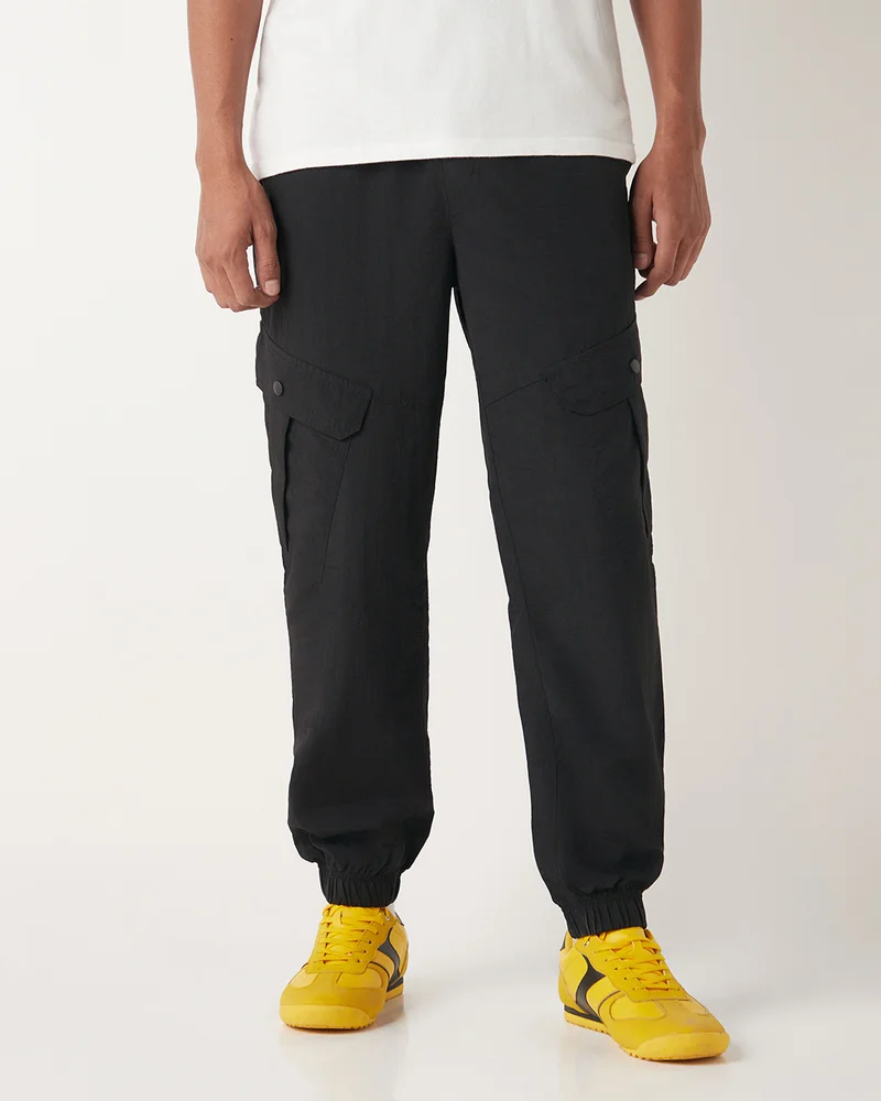 bewakoof Men's Jet Black Super Loose Fit Nylon Cargo Jogger Pants