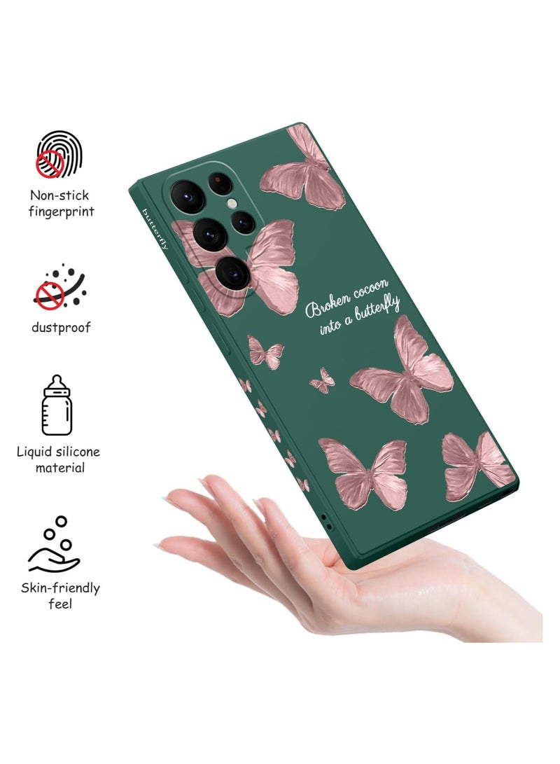 اليشمك جراب Samsung Galaxy S22 Ultra، غطاء هاتف S22 Ultra بتصميمات أنيقة لنقشات الفراشات من السيليكون الناعم للحماية من السقوط والبصمات، مناسب للنساء والفتيات - أخضر فراشات - Image 4