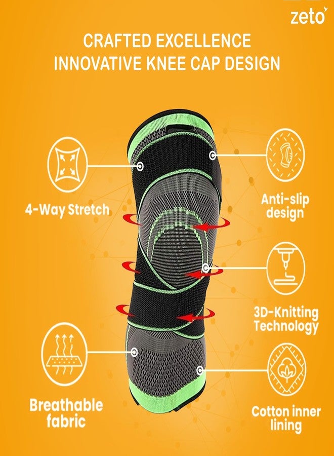 ZETO Unisex Knee Cap | Knee Pain Relief | Knee Support Exercise | Knee Brace for Painful Knees | Knee-Dancing Ice Hockey Kids Knee Support with Guard Protector Knee Pads for Cycling (BLACK GREEN) - Image 3