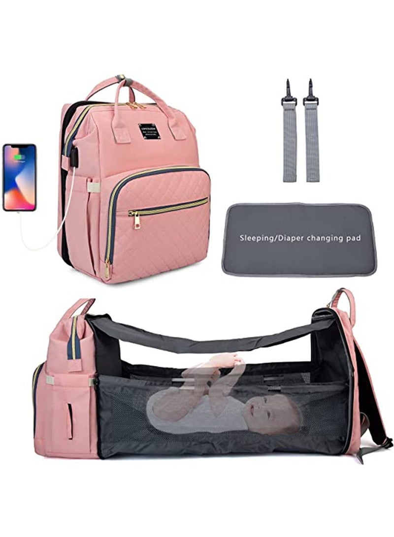 Diaper Bag Backpack with Travel Bassinet Detachable Foldable Baby Bed for Toddler(Pink)