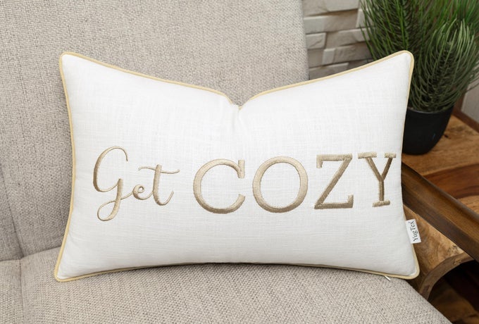 ROMANTIC COUPLE LOVE SENTIMENT EMBROIDERED DECORATIVE SAYINGS LUMBAR ACCENT THROW PILLOWCASE GET COZY PHRASE DECOR FOR WEDDING ANNIVERSARY VALENTINE 12X20 INCHES IVORY